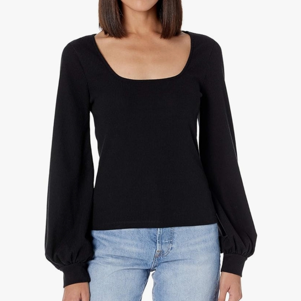The Drop Square Neck Balloon Sleeve Top, Size Small, Black